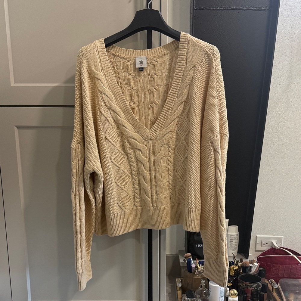 CAbi Cream Cable-Knit V-Neck Sweater
